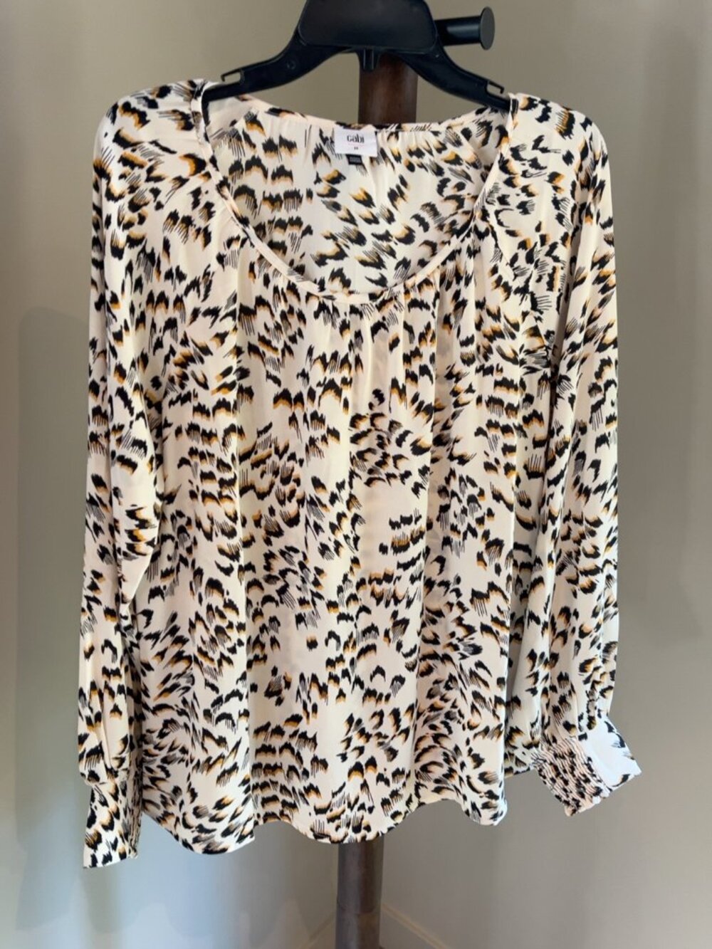 cabi Animal Print Smocked Cuff Blouse Ivory Black- M NWOT